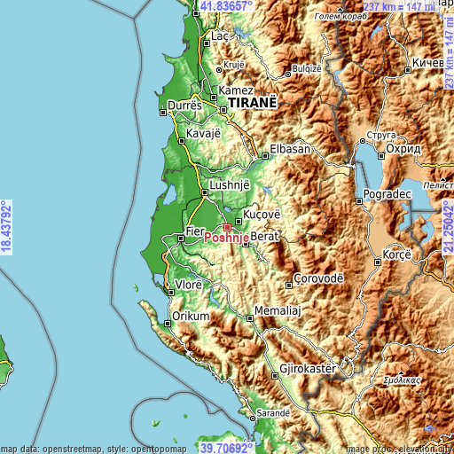 Topographic map of Poshnje