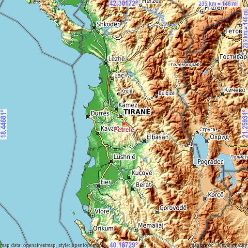 Topographic map of Petrelë