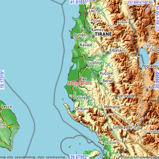 Topographic map of Mbrostar-Urë