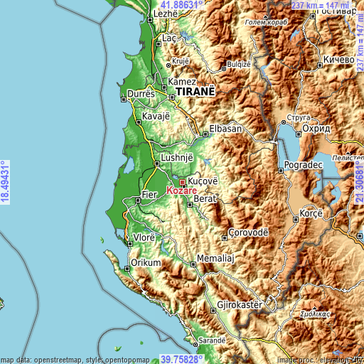 Topographic map of Kozarë