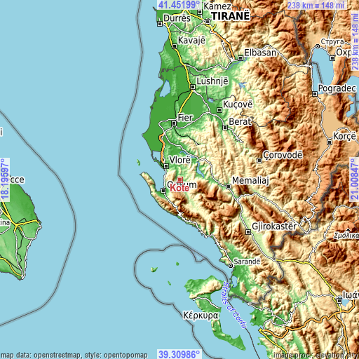 Topographic map of Kotë