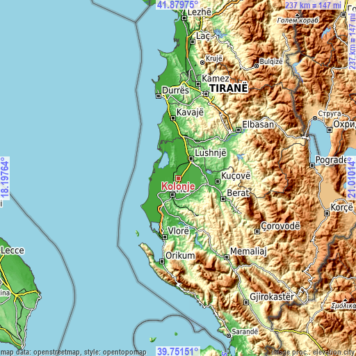 Topographic map of Kolonjë