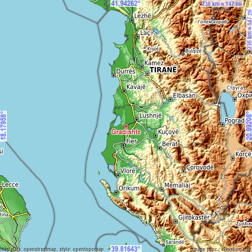 Topographic map of Gradishtë