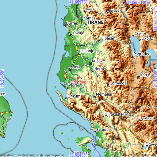 Topographic map of Drenovë