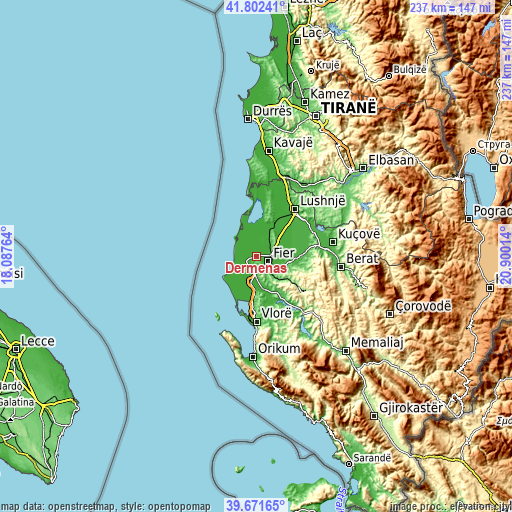 Topographic map of Dërmënas