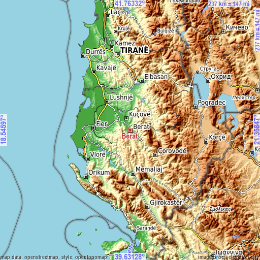Topographic map of Berat