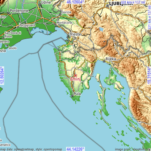 Topographic map of Žminj