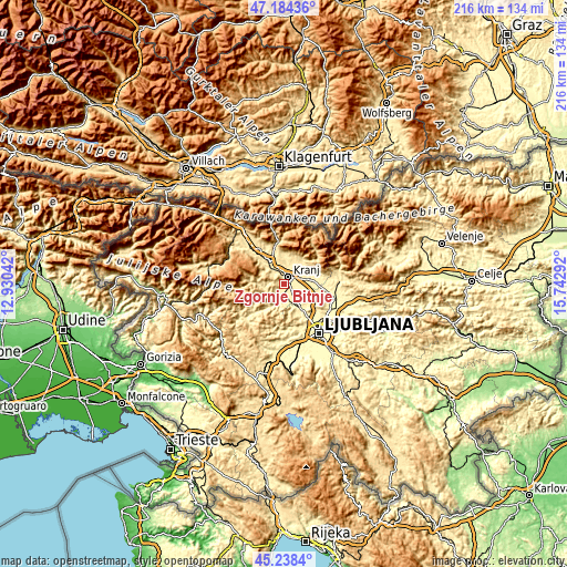 Topographic map of Zgornje Bitnje