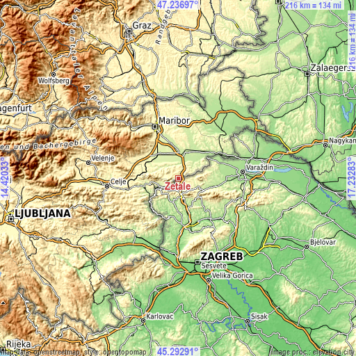 Topographic map of Žetale
