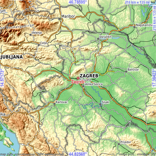 Topographic map of Zagreb