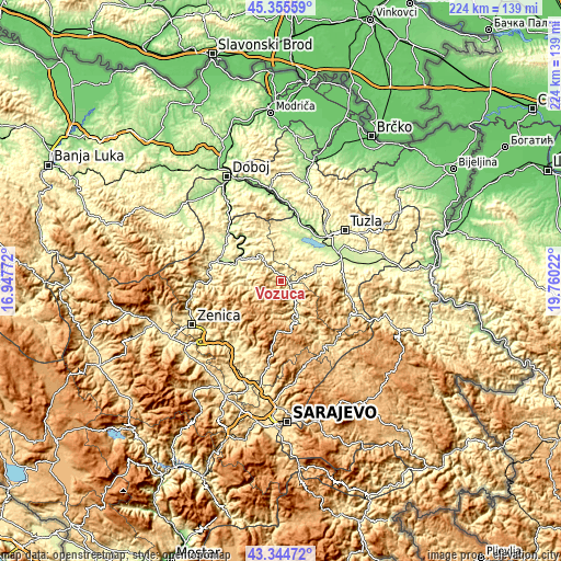 Topographic map of Vozuća