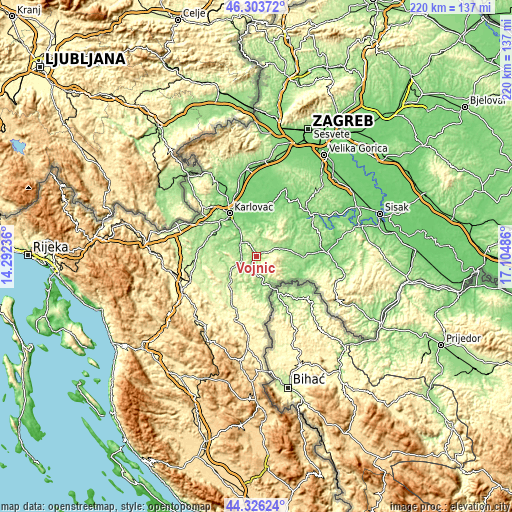 Topographic map of Vojnić