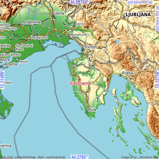 Topographic map of Visignano