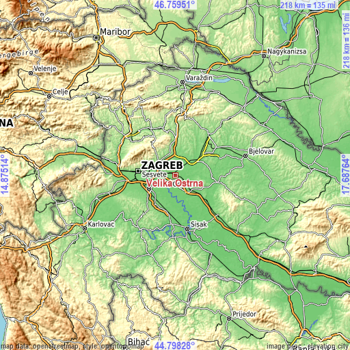 Topographic map of Velika Ostrna