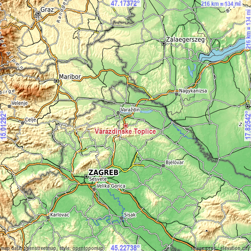 Topographic map of Varaždinske Toplice