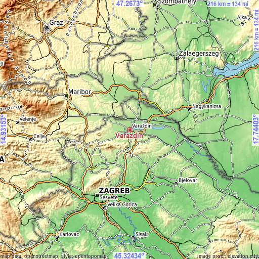 Topographic map of Varaždin