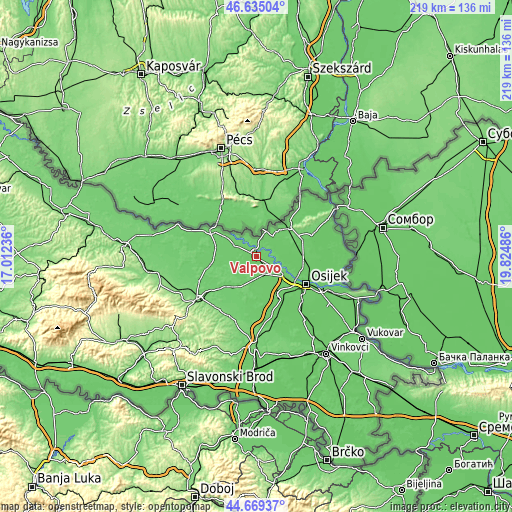 Topographic map of Valpovo