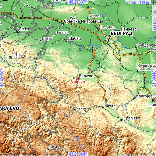 Topographic map of Valjevo