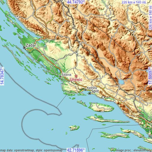 Topographic map of Unešić