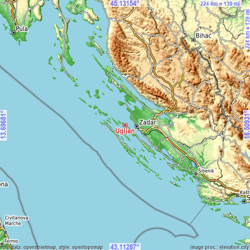 Topographic map of Ugljan