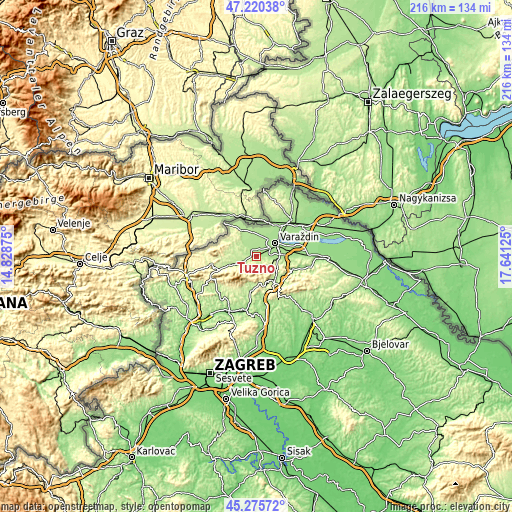 Topographic map of Tužno