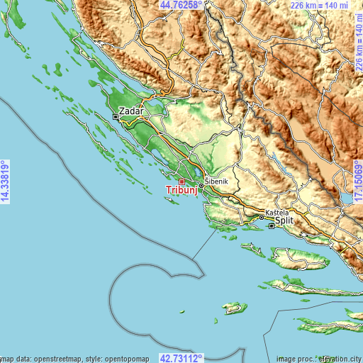 Topographic map of Tribunj