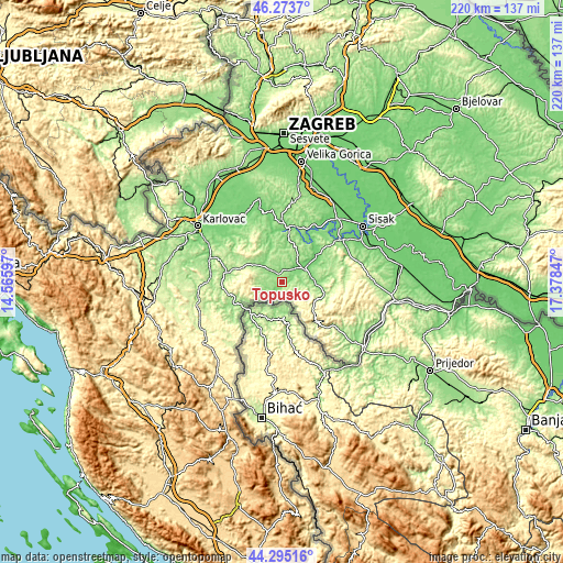 Topographic map of Topusko
