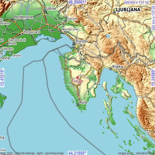 Topographic map of Tinjan