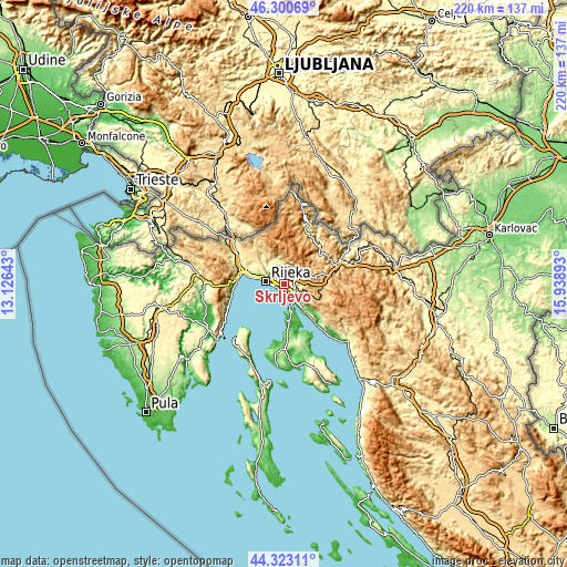 Topographic map of Škrljevo