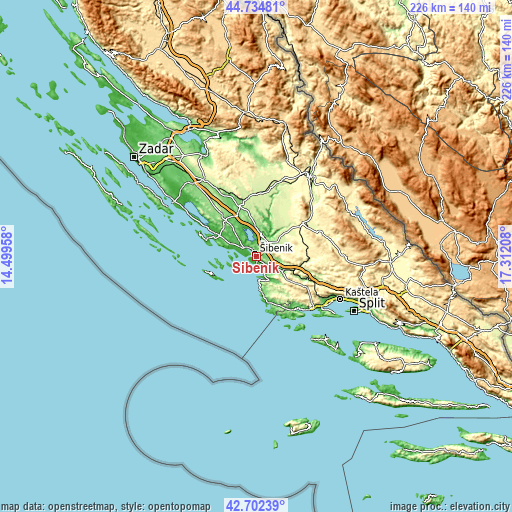 Topographic map of Šibenik