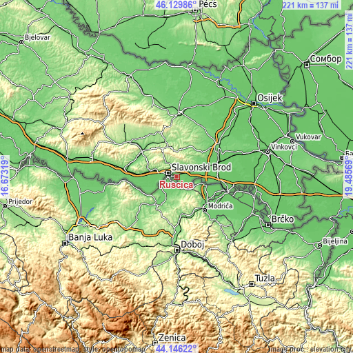 Topographic map of Ruščica