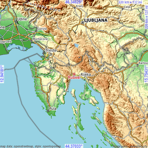 Topographic map of Rubeši