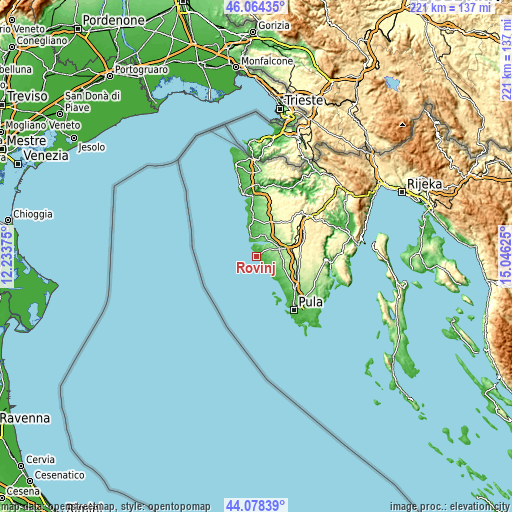Topographic map of Rovinj