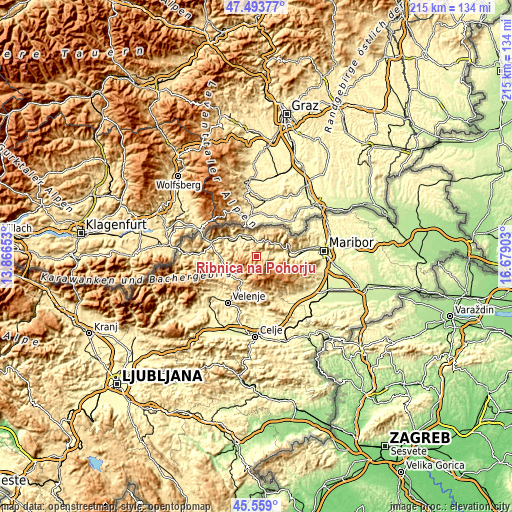 Topographic map of Ribnica na Pohorju