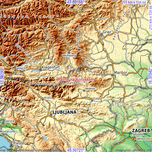 Topographic map of Ravne na Koroškem