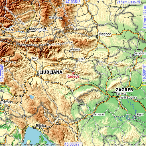 Topographic map of Radeče