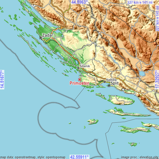 Topographic map of Primošten