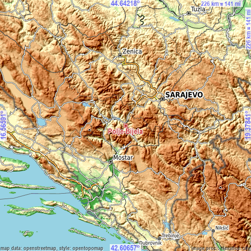 Topographic map of Polje-Bijela