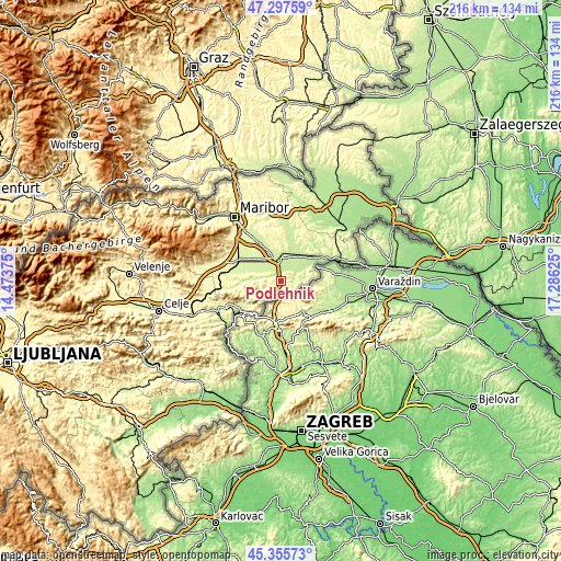Topographic map of Podlehnik