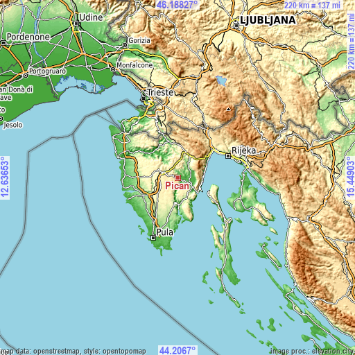 Topographic map of Pićan