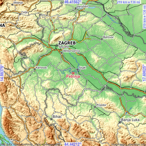 Topographic map of Petrinja