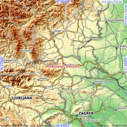 Topographic map of Pesnica pri Mariboru