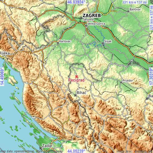 Topographic map of Pećigrad