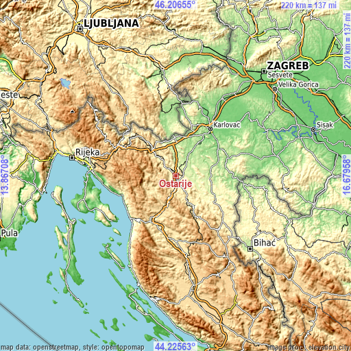 Topographic map of Oštarije