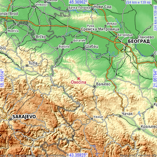 Topographic map of Osečina
