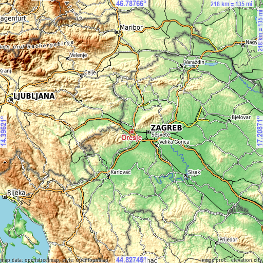 Topographic map of Orešje