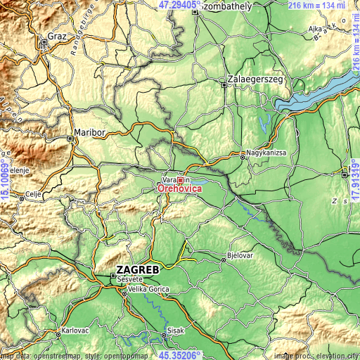 Topographic map of Orehovica