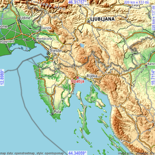 Topographic map of Opatija