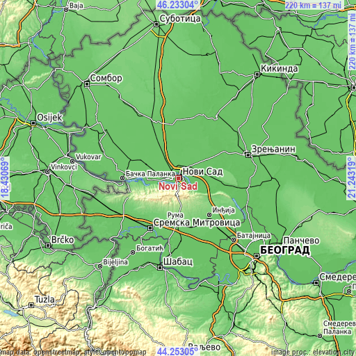 Topographic map of Novi Sad