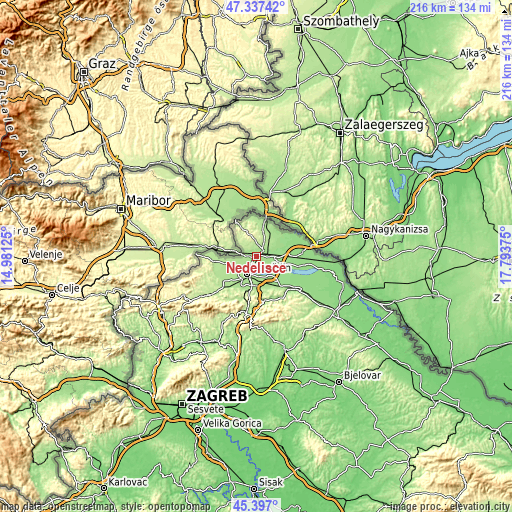 Topographic map of Nedelišće
